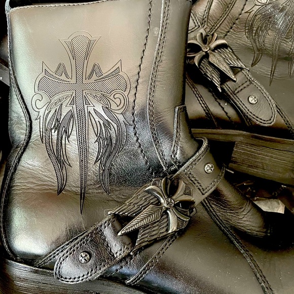MARK NASON Coolest Black Leather Biker Moto Ankle Boots Cross Studded Skulls 8 - Picture 4 of 15